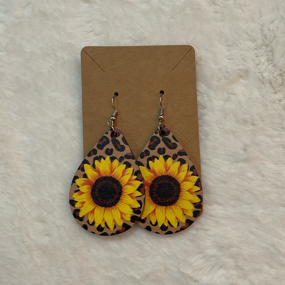 Cheetah Print Sunflower Wooden Earrings